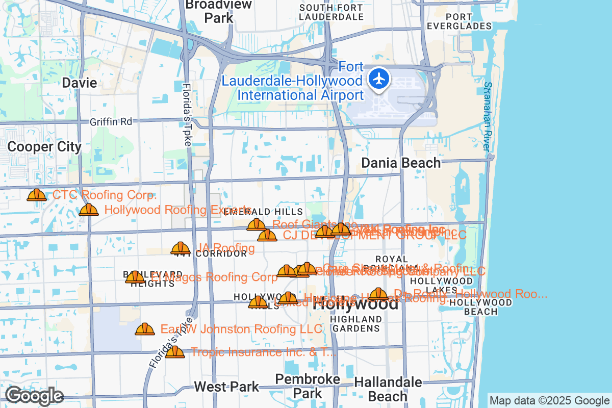 Map of Roofing Contractors in Hollywood, Florida