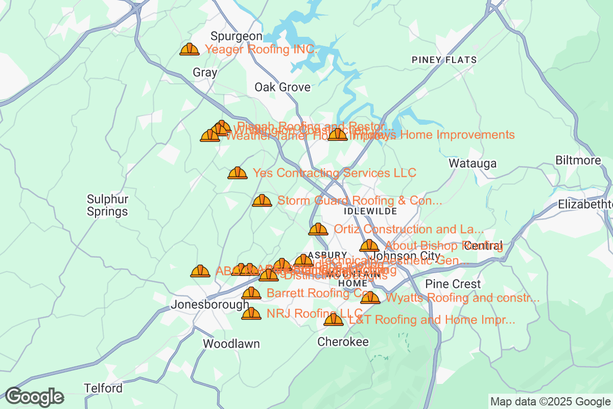 Map of Roofing Contractors in Johnson City, Tennessee