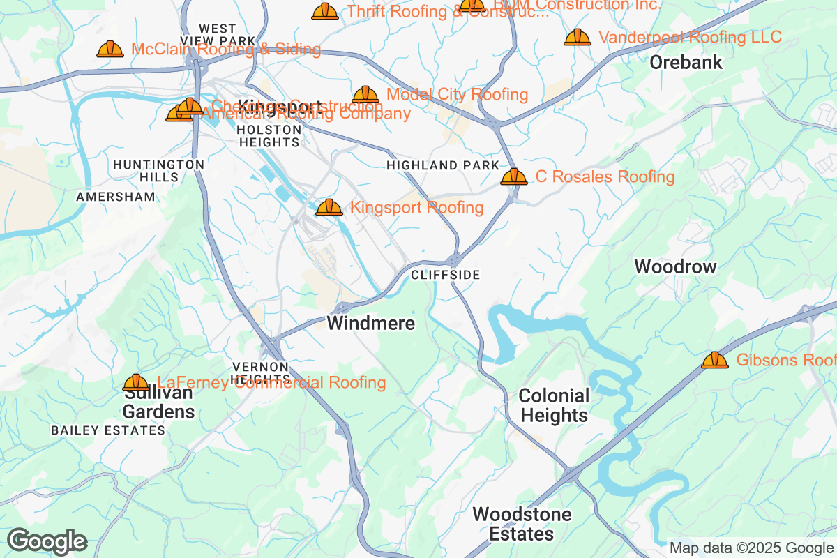 Map of Roofing Contractors in Kingsport, Tennessee