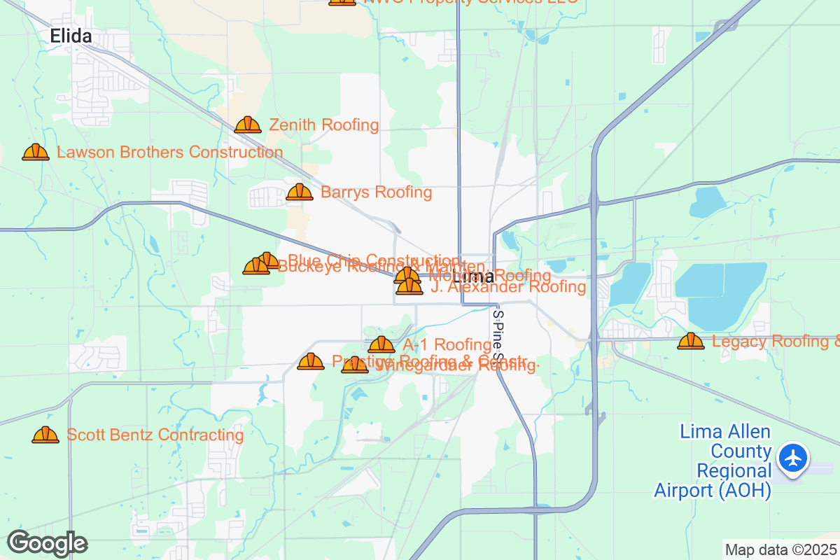 Map of Roofing Contractors in Lima, Ohio
