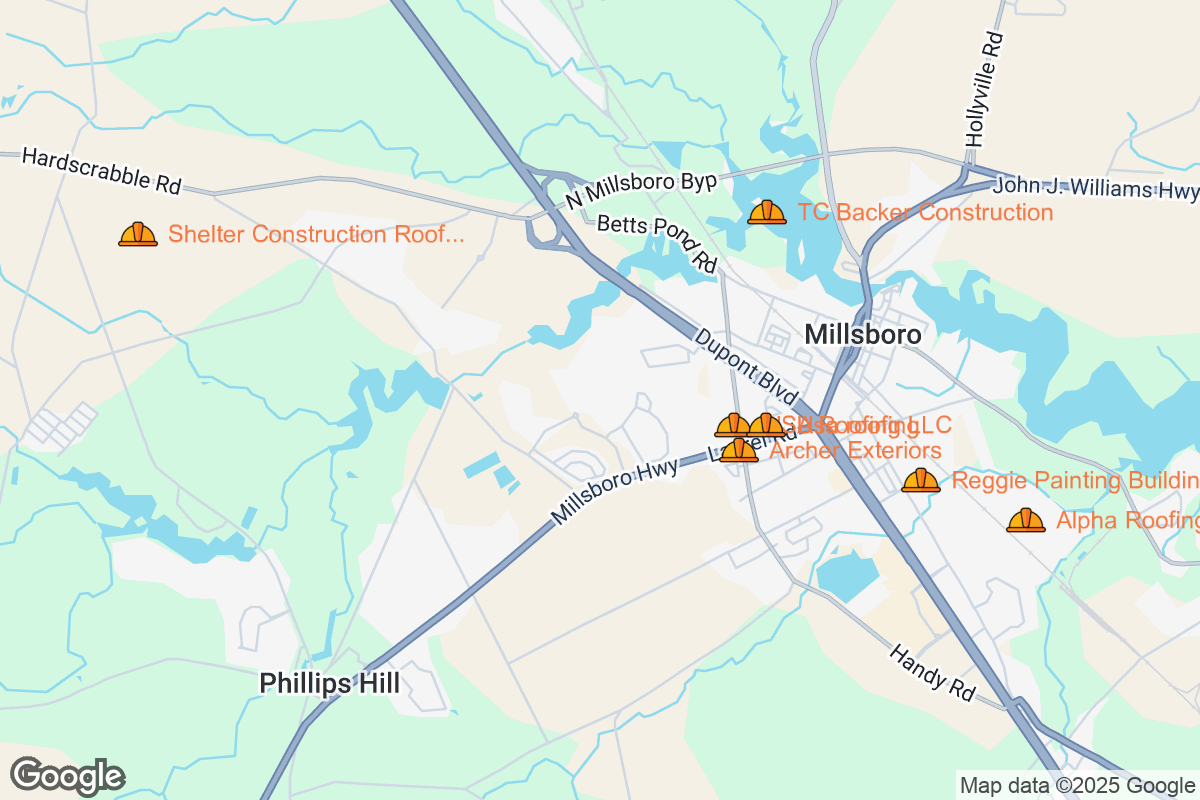 Map of Roofing Contractors in Millsboro, Delaware