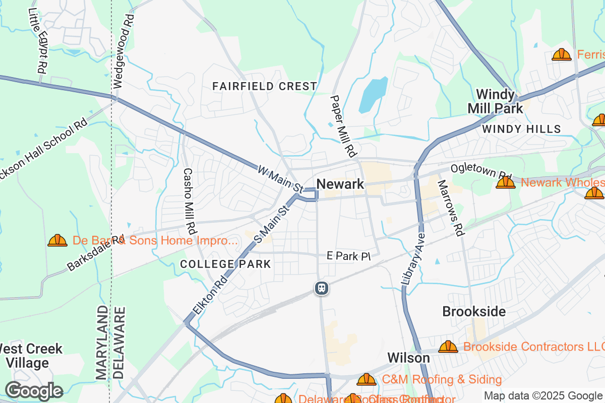 Map of Roofing Contractors in Newark, Delaware