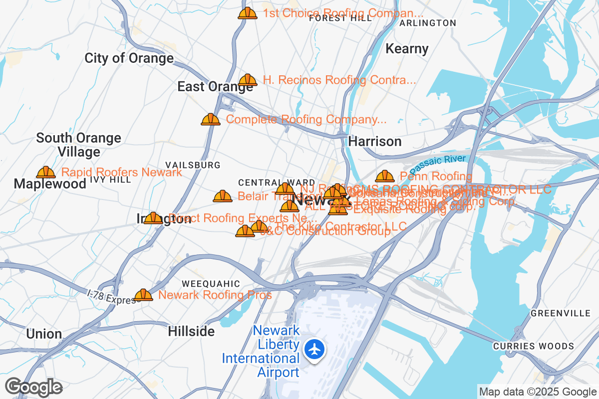 Map of Roofing Contractors in Newark, New Jersey