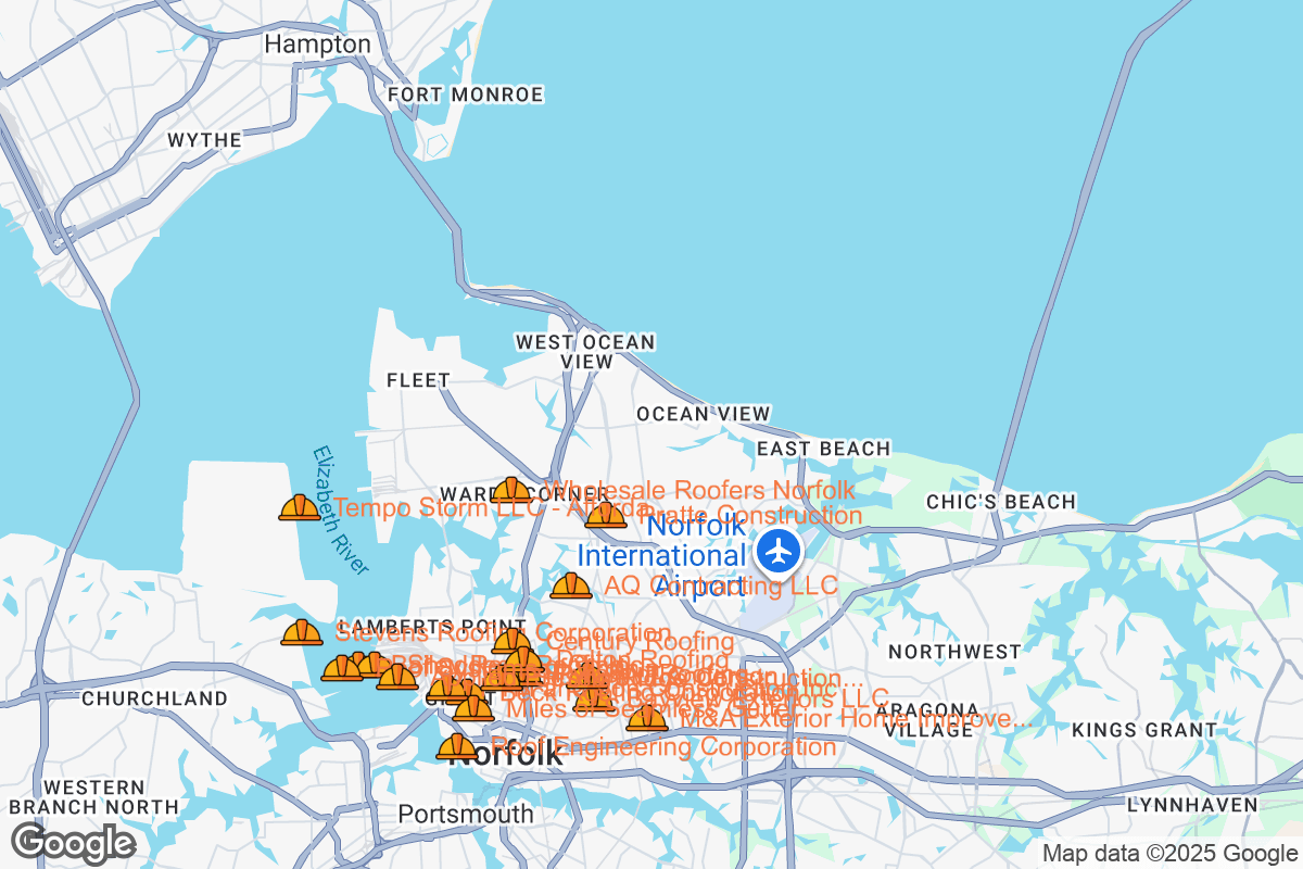 Map of Roofing Contractors in Norfolk, Virginia