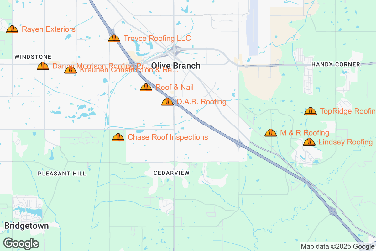 Map of Roofing Contractors in Olive Branch, Mississippi