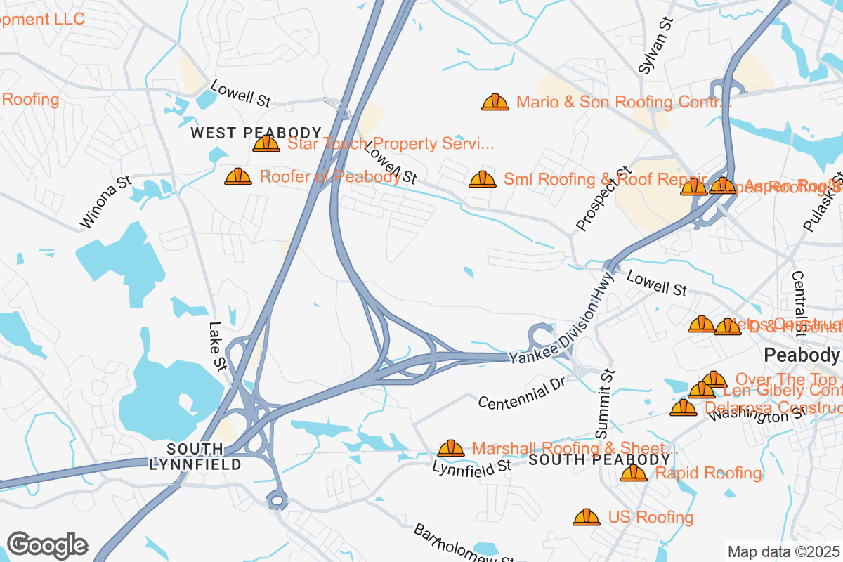Map of Roofing Contractors in Peabody, Massachusetts