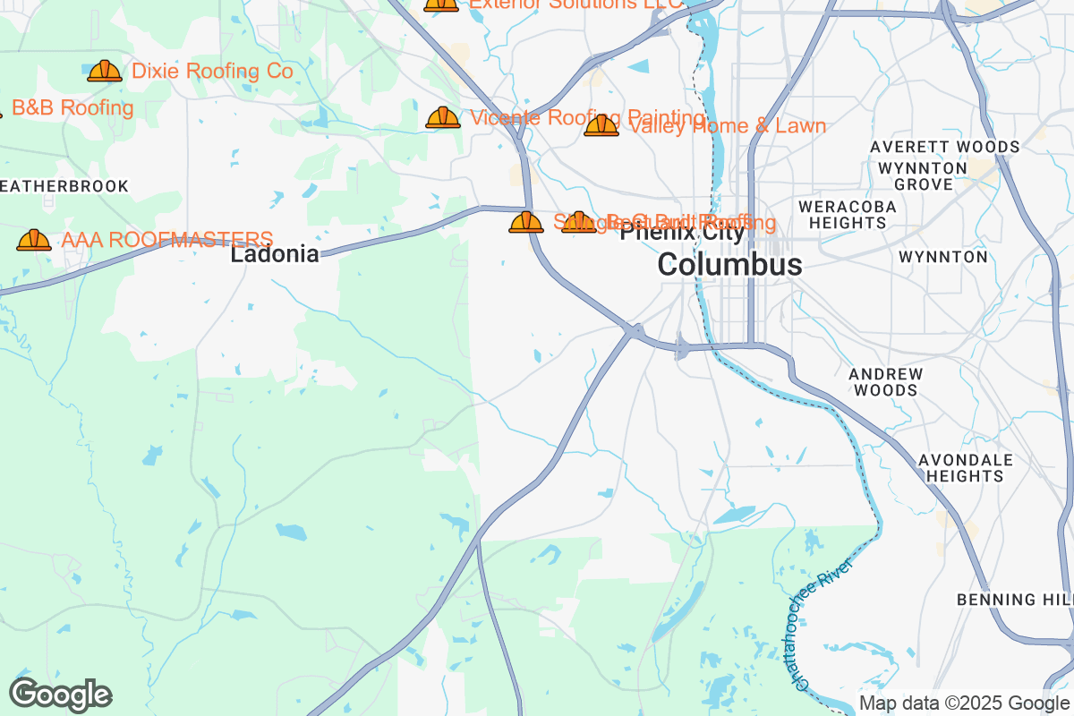 Map of Roofing Contractors in Phenix City, Alabama