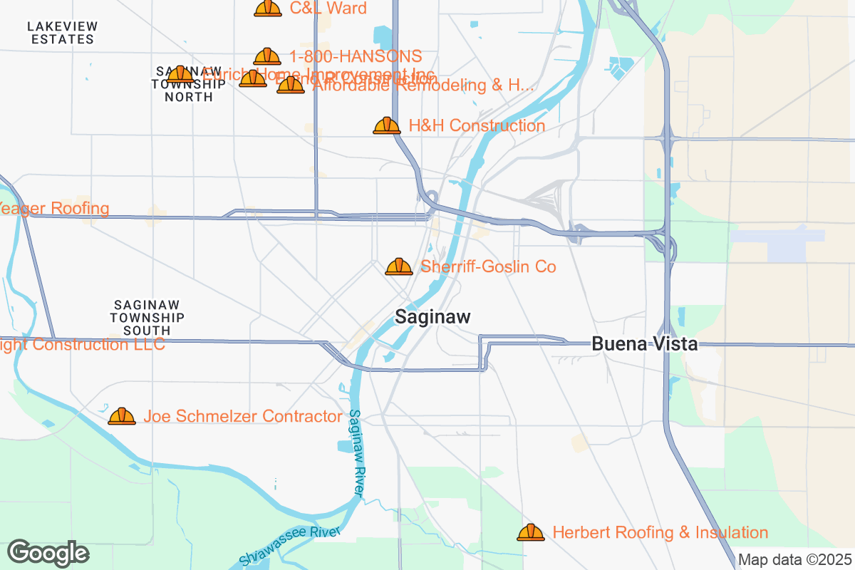Map of Roofing Contractors in Saginaw, Michigan