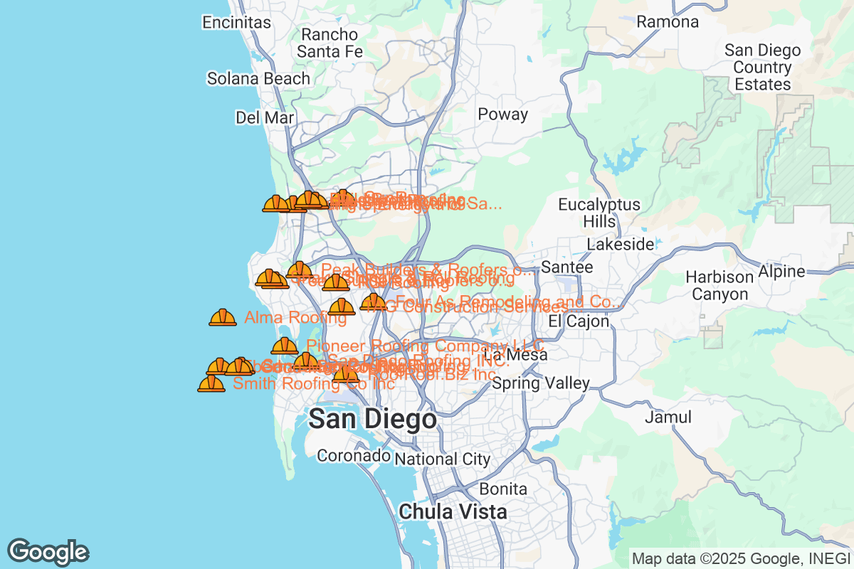 Map of Roofing Contractors in San Diego, California