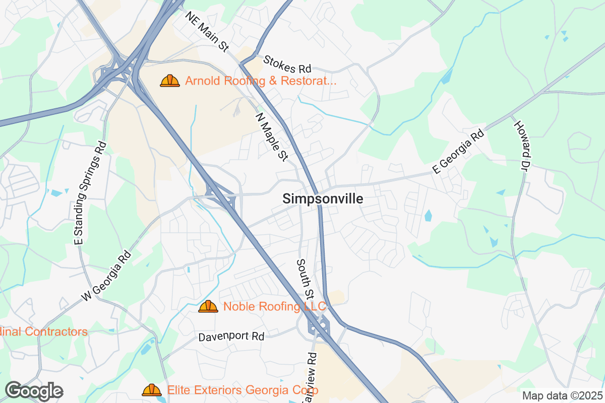 Map of Roofing Contractors in Simpsonville, South Carolina