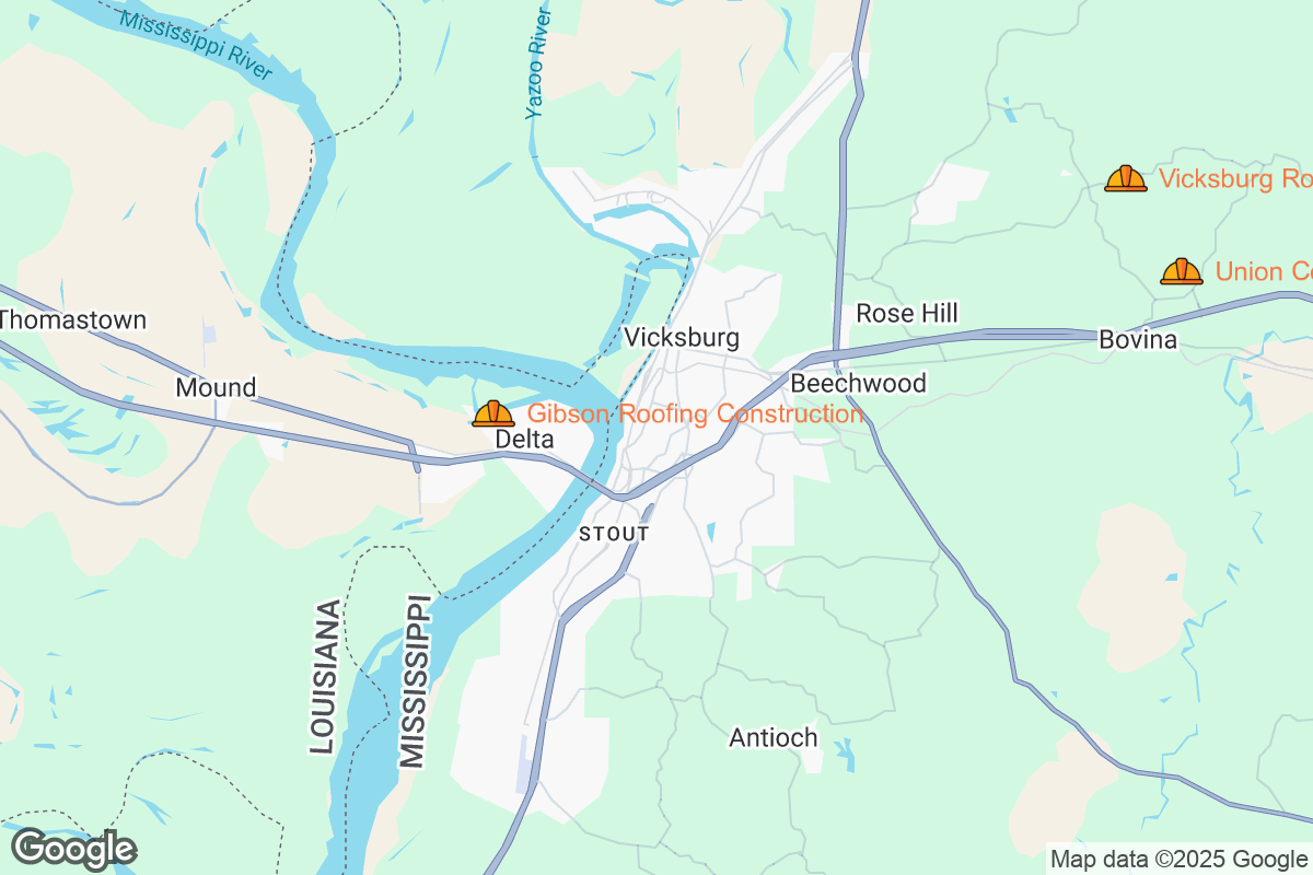 Map of Roofing Contractors in Vicksburg, Mississippi