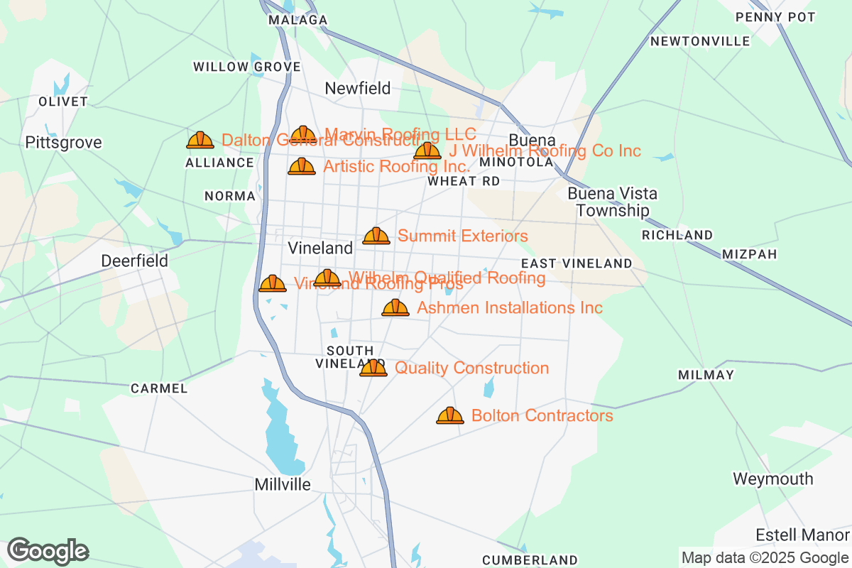 Map of Roofing Contractors in Vineland, New Jersey