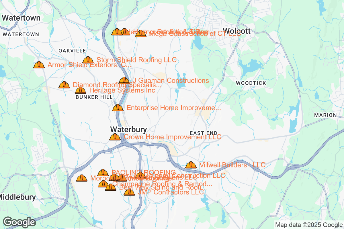 Map of Roofing Contractors in Waterbury, Connecticut