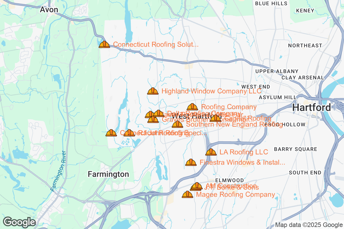 Map of Roofing Contractors in West Hartford, Connecticut