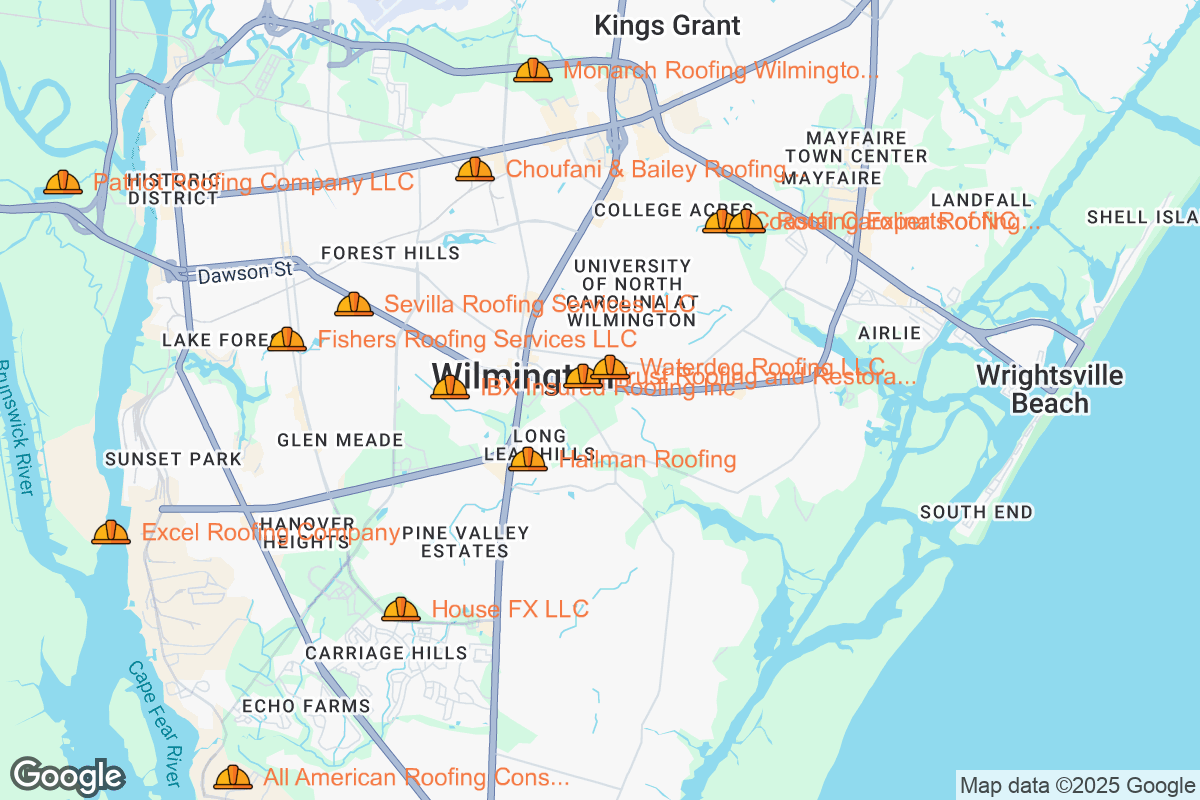 Map of Roofing Contractors in Wilmington, North Carolina