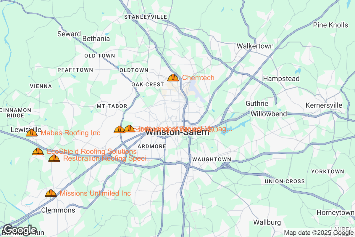 Map of Roofing Contractors in Winston Salem, North Carolina