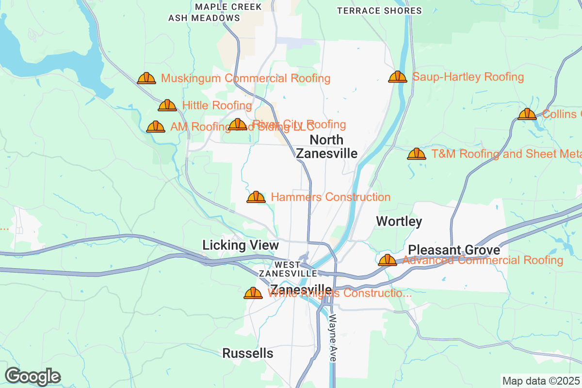 Map of Roofing Contractors in Zanesville, Ohio