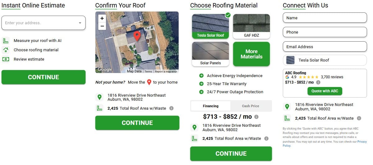 Website calculator flow showing Instant Online Estimate, Confirm Your Roof, Choose Roofing Material, and Connect With Us