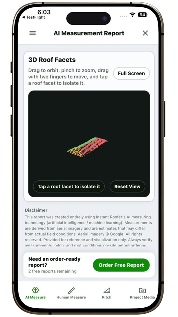 Instant Roofer 3D roof facets screen