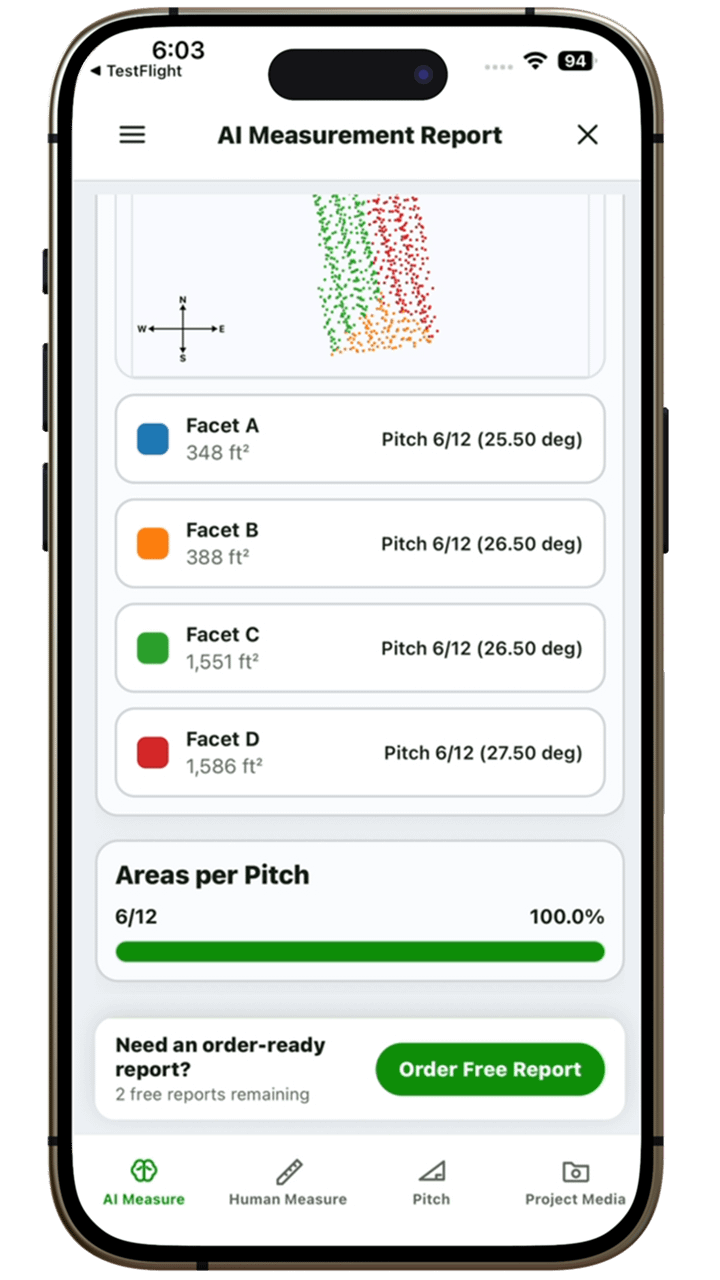 Instant Roofer roof facet pitch measurement report