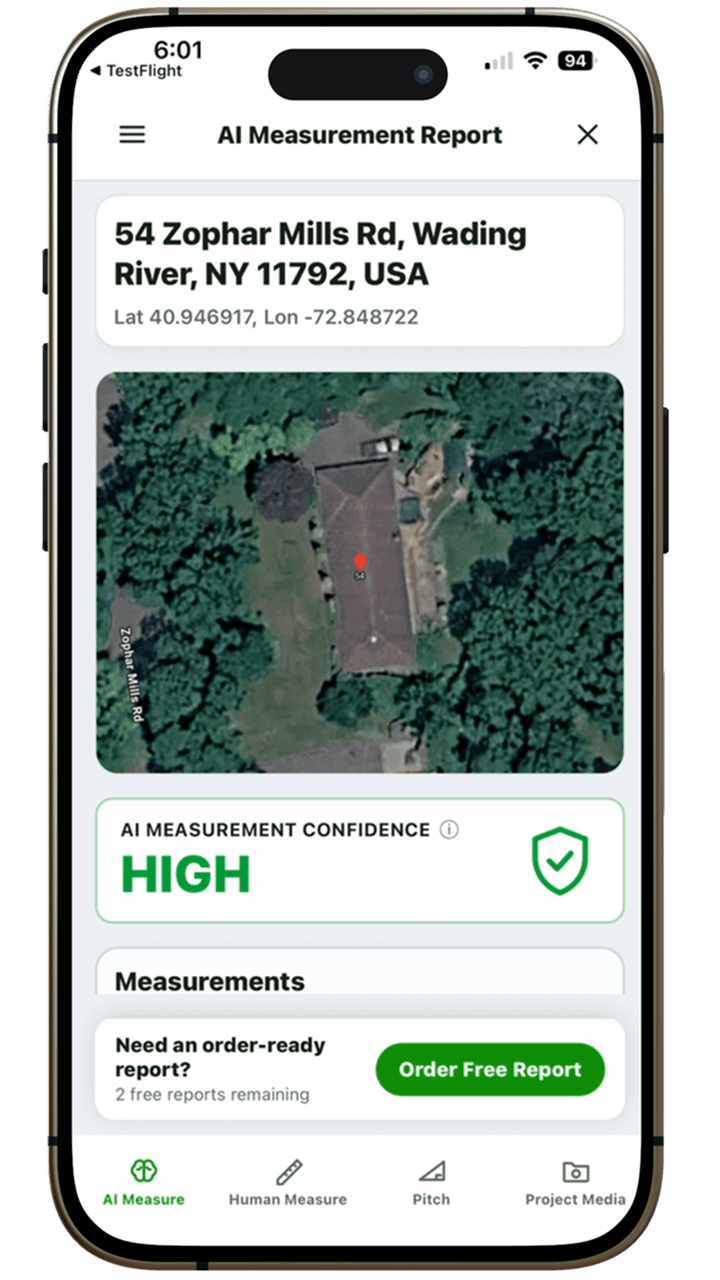 Instant Roofer Human Certified Measure Report order screen