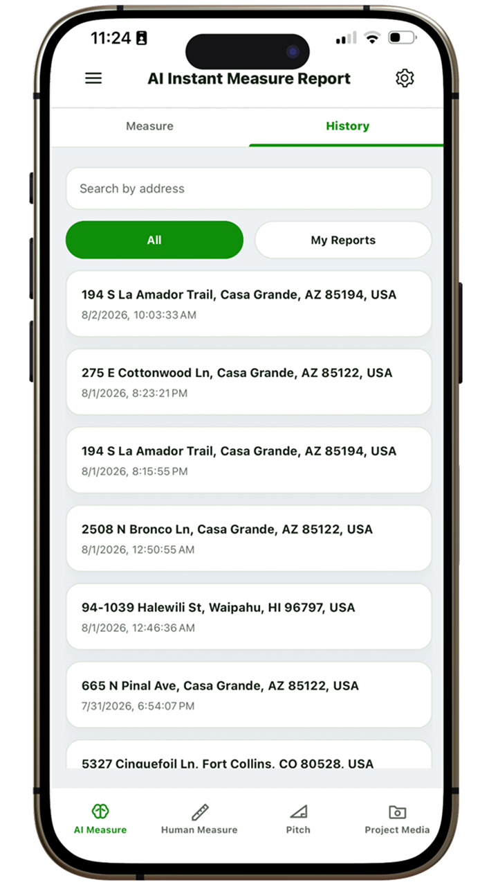 Instant Roofer mobile app report history screen
