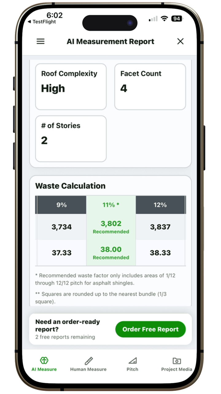Instant Roofer roof waste calculation screen