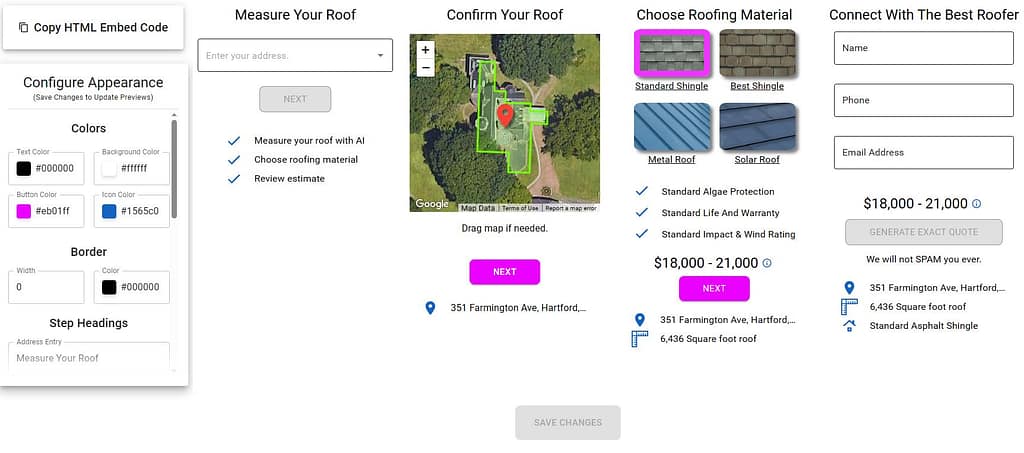 A screenshot of Instant Roofers enhanced calculator embed dashboard