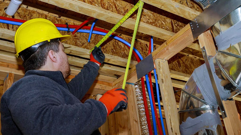 Person measuring roof from inside the attic