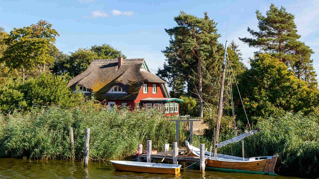 thatched roof with moss near the lake
