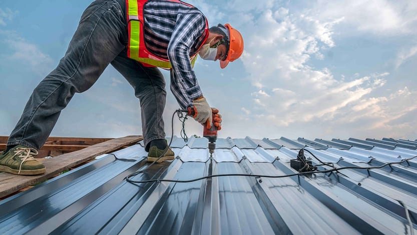 A roofer installing stainless steel roof