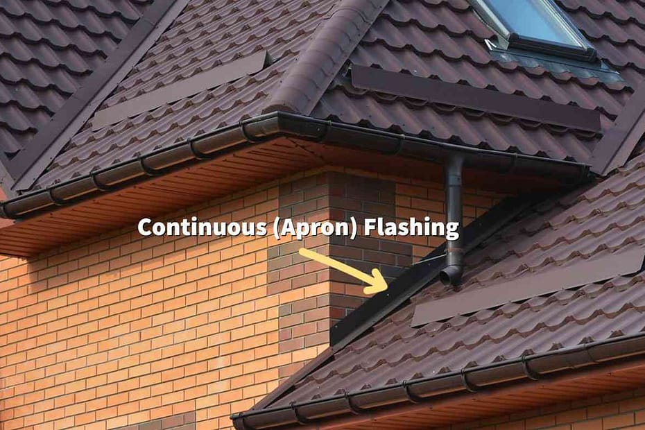 Continuous flashing or apron flashing identified via an arrow and text on a roof