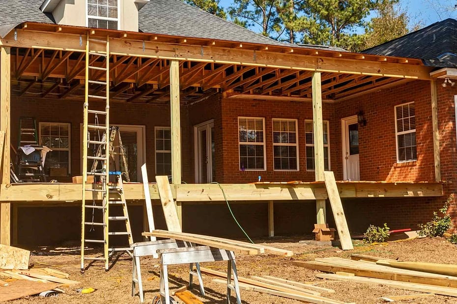 a porch roof currently under construction