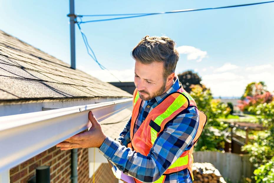 roofer in orange safety vest inspecting gutter