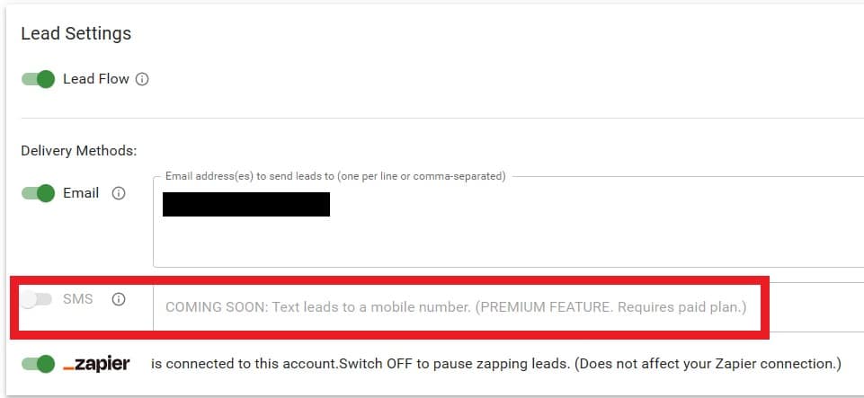 Instant Roofer Lead Delivery toggle for SMS