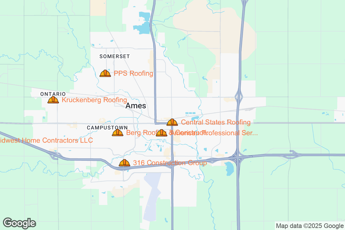 Map of Roofing Contractors in Ames, Iowa