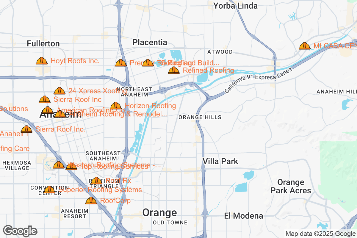Map of Roofing Contractors in Anaheim, California