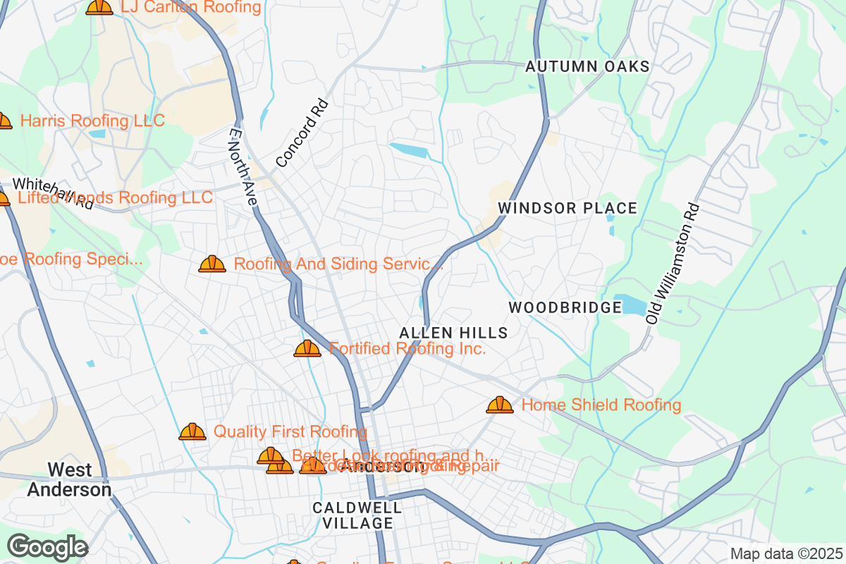 Map of Roofing Contractors in Anderson, South Carolina