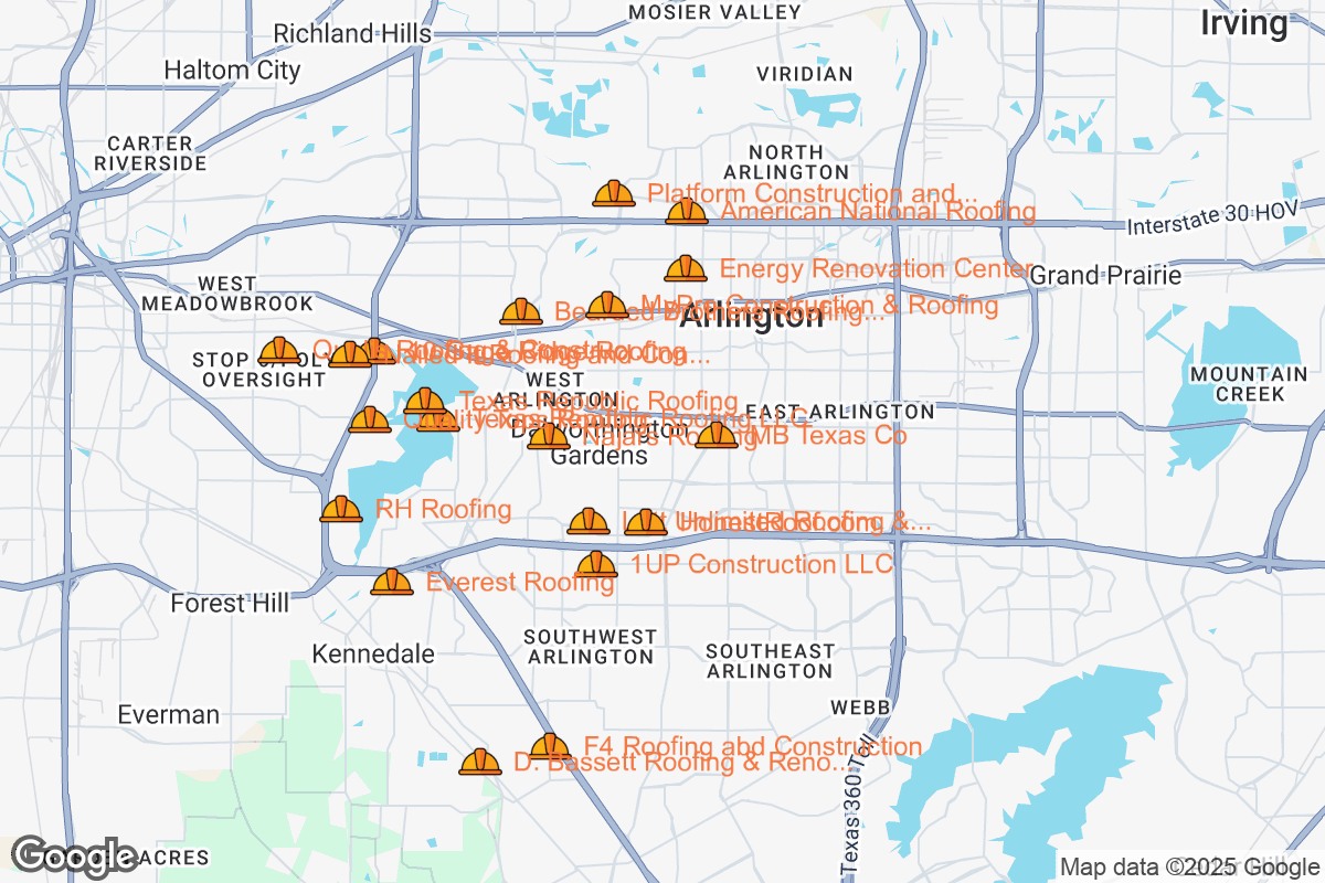 Map of Roofing Contractors in Arlington, Texas