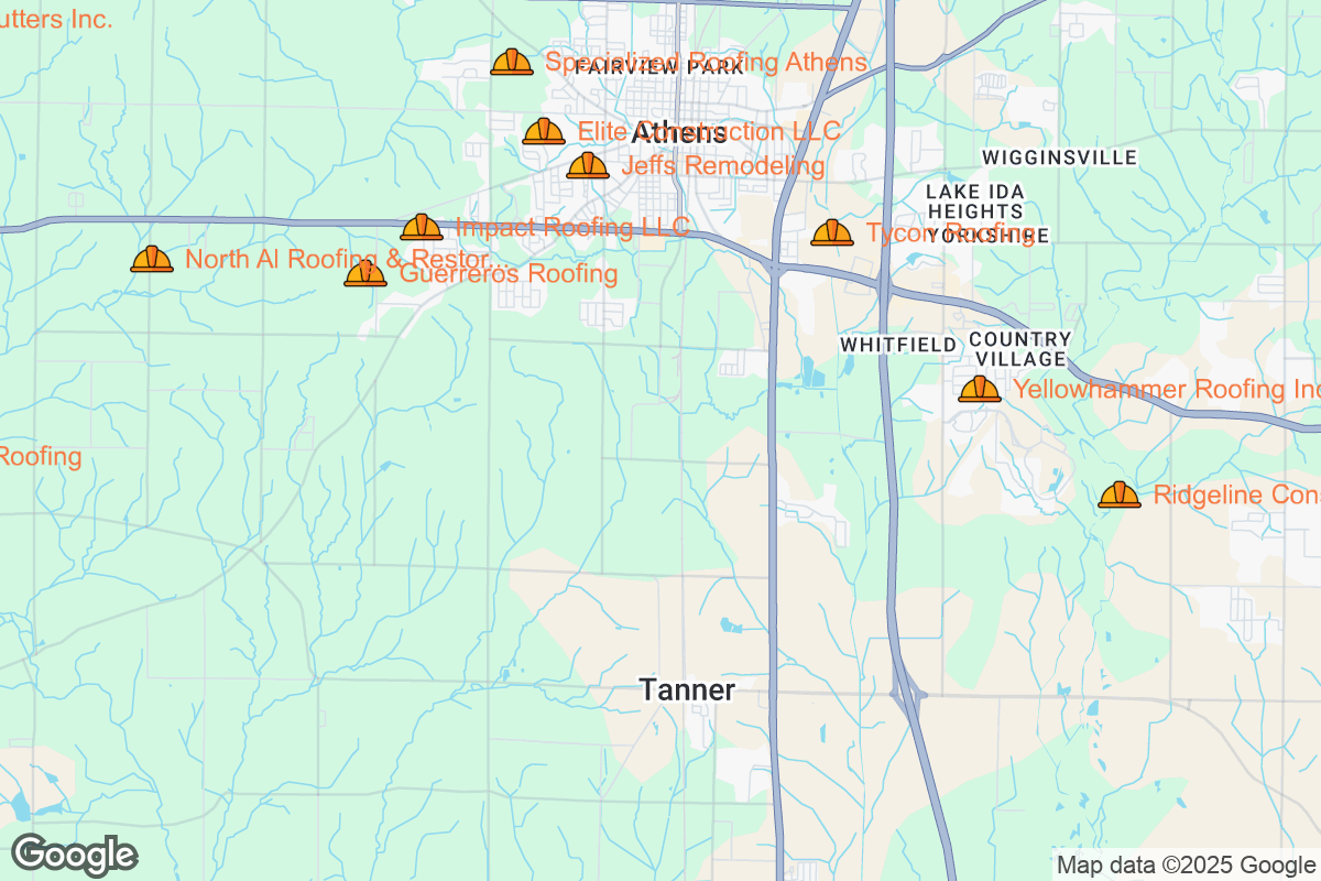Map of Roofing Contractors in Athens, Alabama