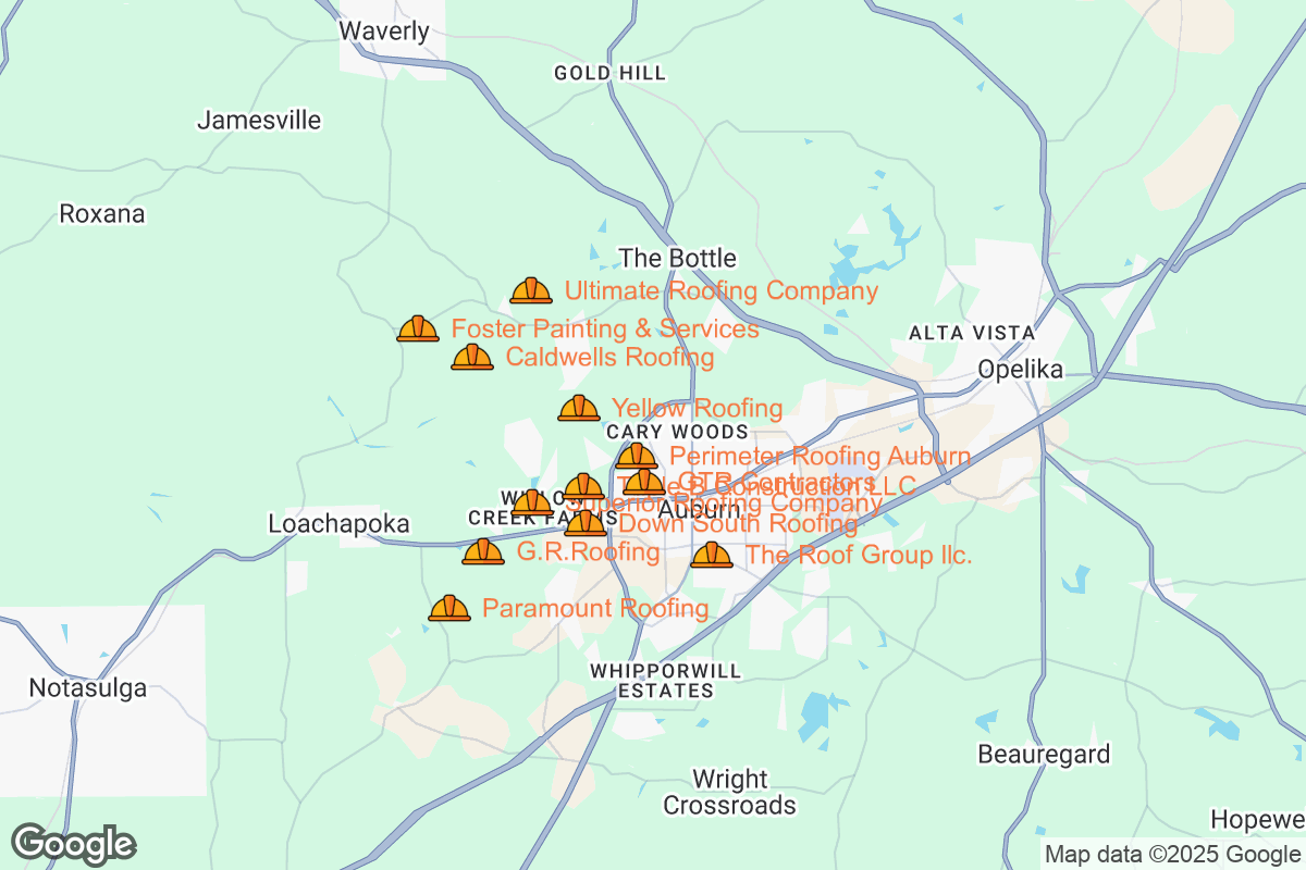 Map of Roofing Contractors in Auburn, Alabama
