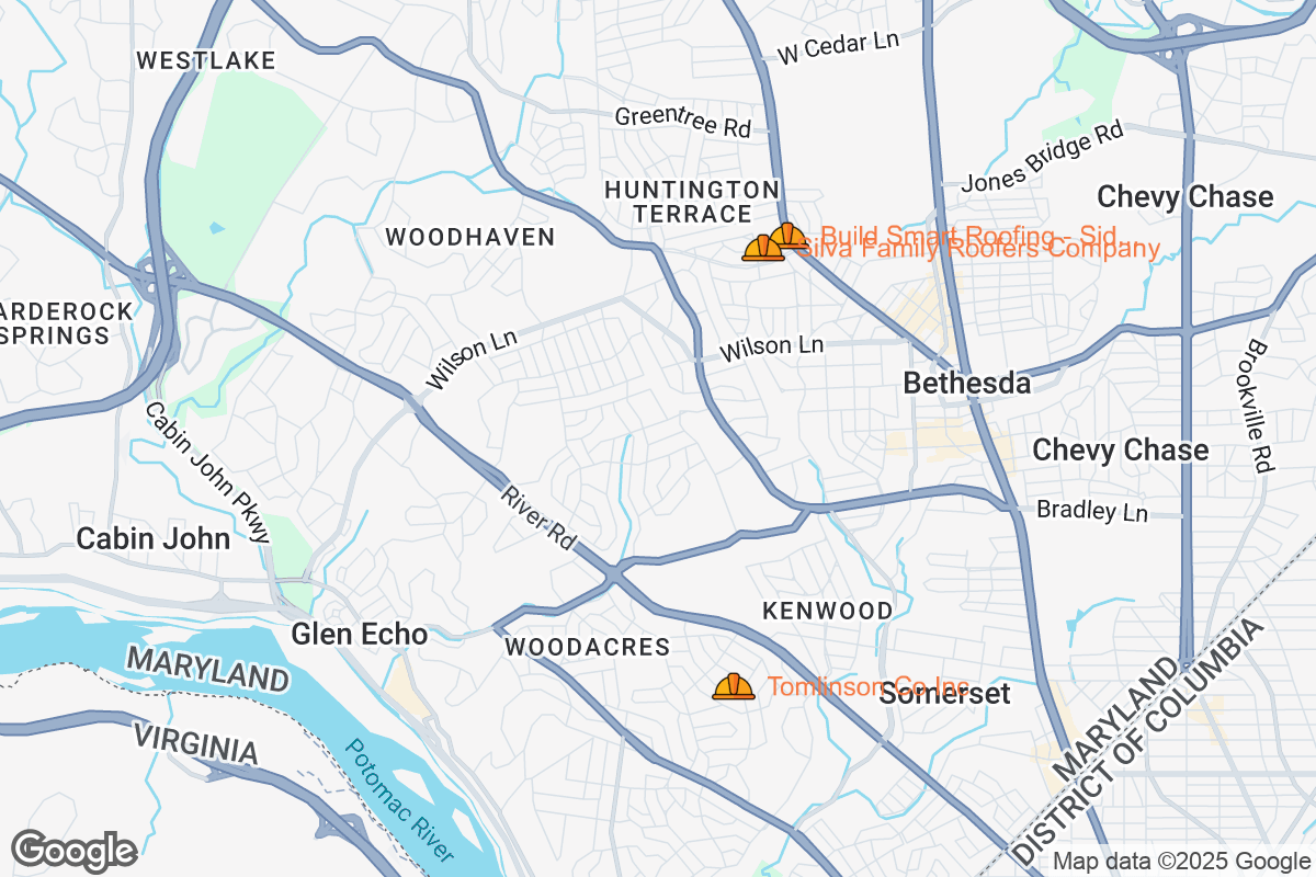 Map of Roofing Contractors in Bethesda, Maryland