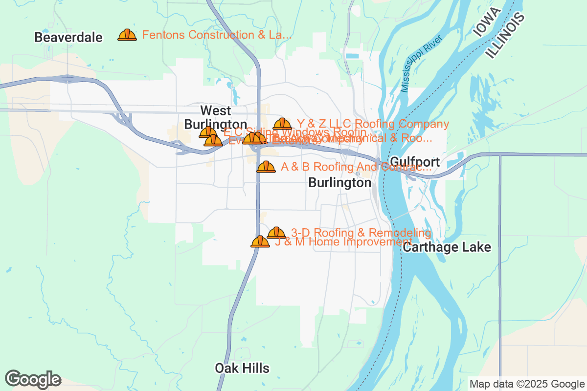 Map of Roofing Contractors in Burlington, Iowa