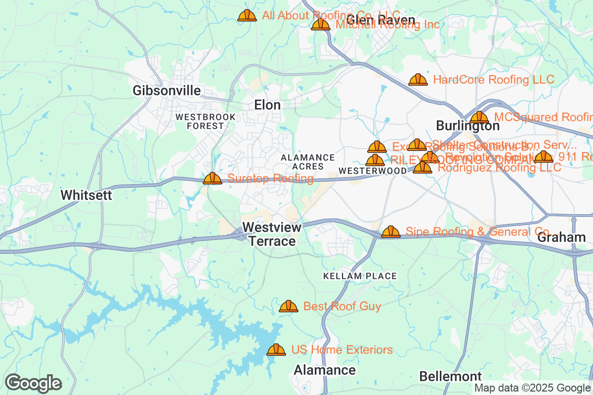 Map of Roofing Contractors in Burlington, North Carolina