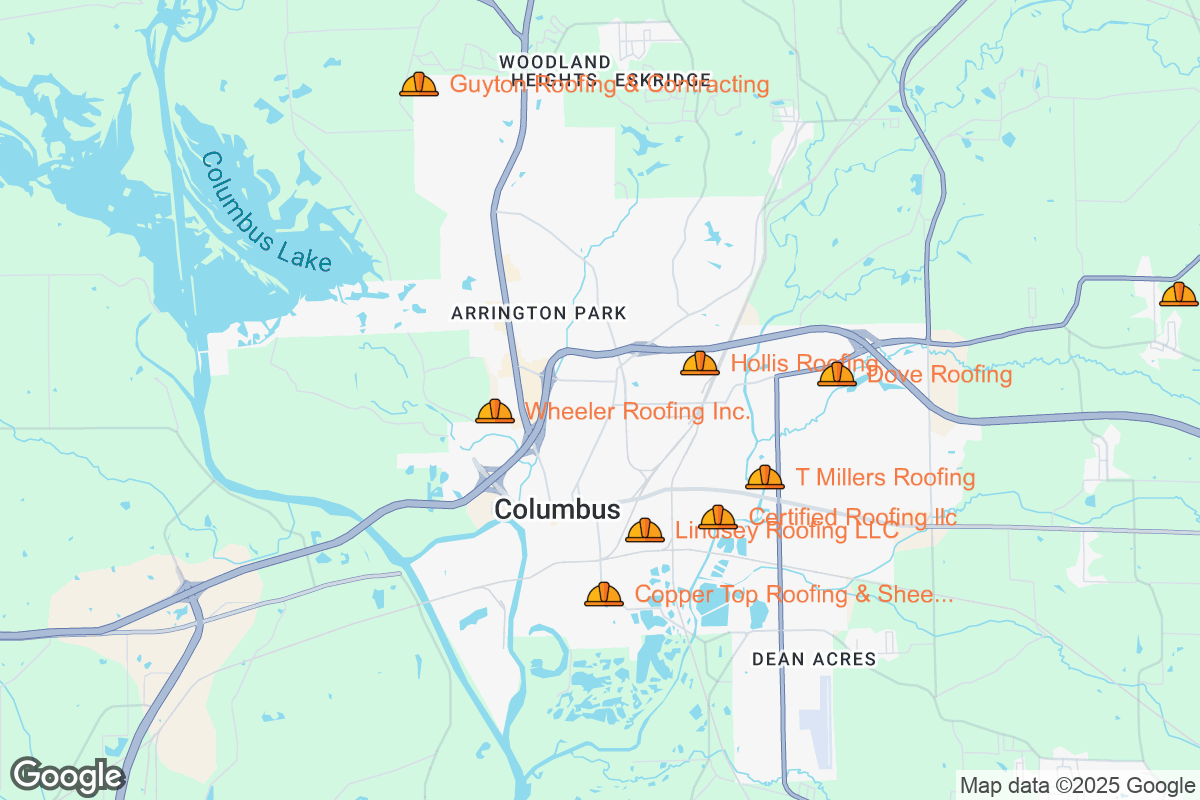 Map of Roofing Contractors in Columbus, Mississippi