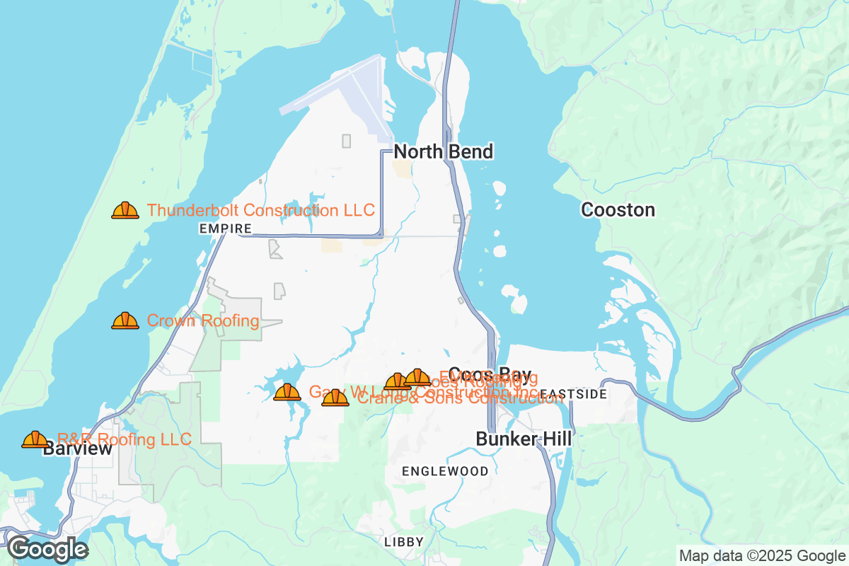 Map of Roofing Contractors in Coos Bay, Oregon