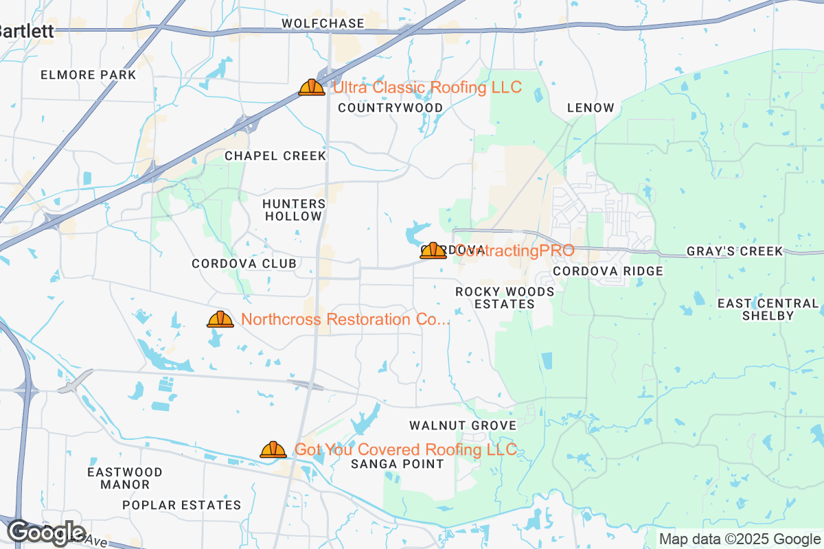 Map of Roofing Contractors in Cordova, Tennessee