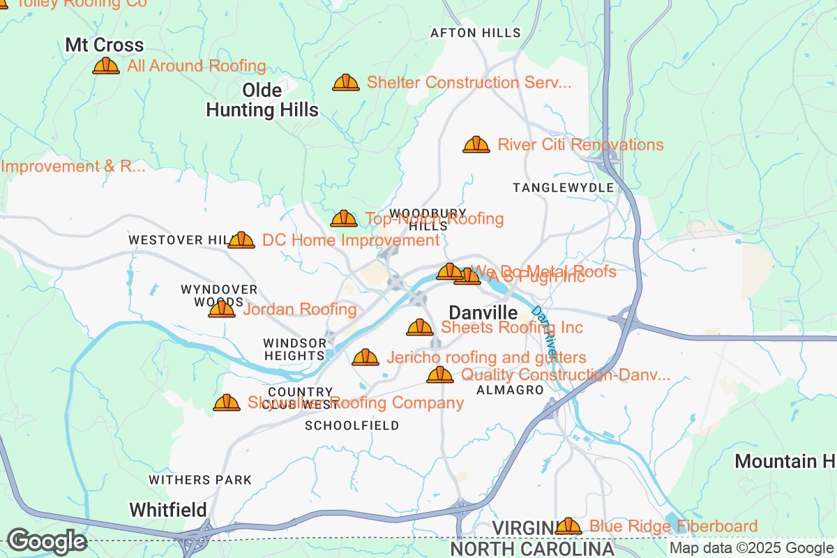 Map of Roofing Contractors in Danville, Virginia