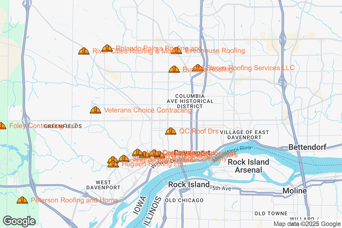 Map of Roofing Contractors in Davenport, Iowa