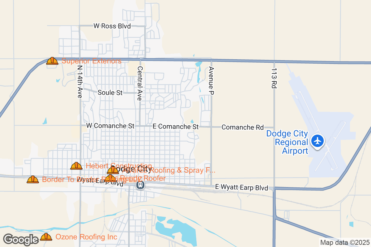 Map of Roofing Contractors in Dodge City, Kansas